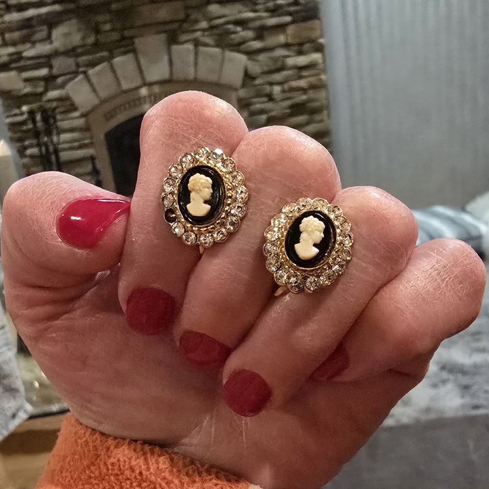 Coro Black and Gold Cameo Earrings